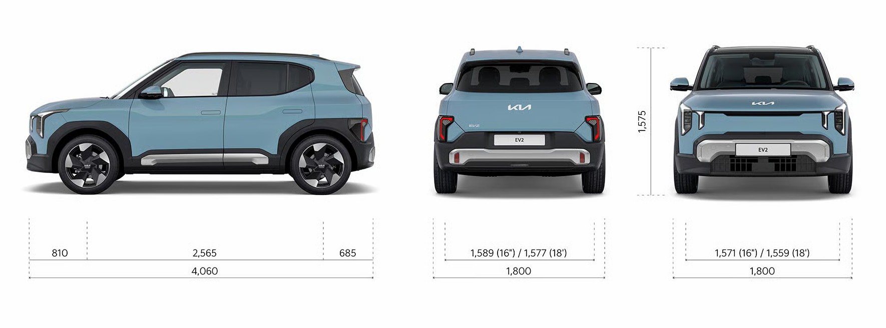 Rozmery modelu Kia EV2 – bočný, predný a&nbsp;zadný pohľad